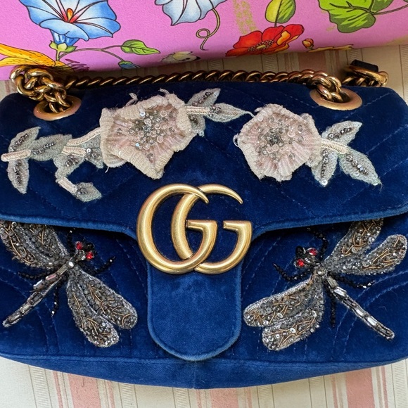 Gucci Handbags - ❌ SOLD Gucci Blue Velvet Embroidered GG Shoulder Bag